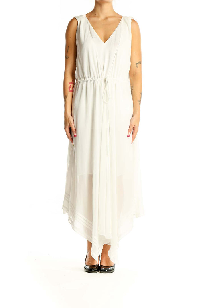 Front view of All Saints white flowy V-neck maxi dress with gathered waist