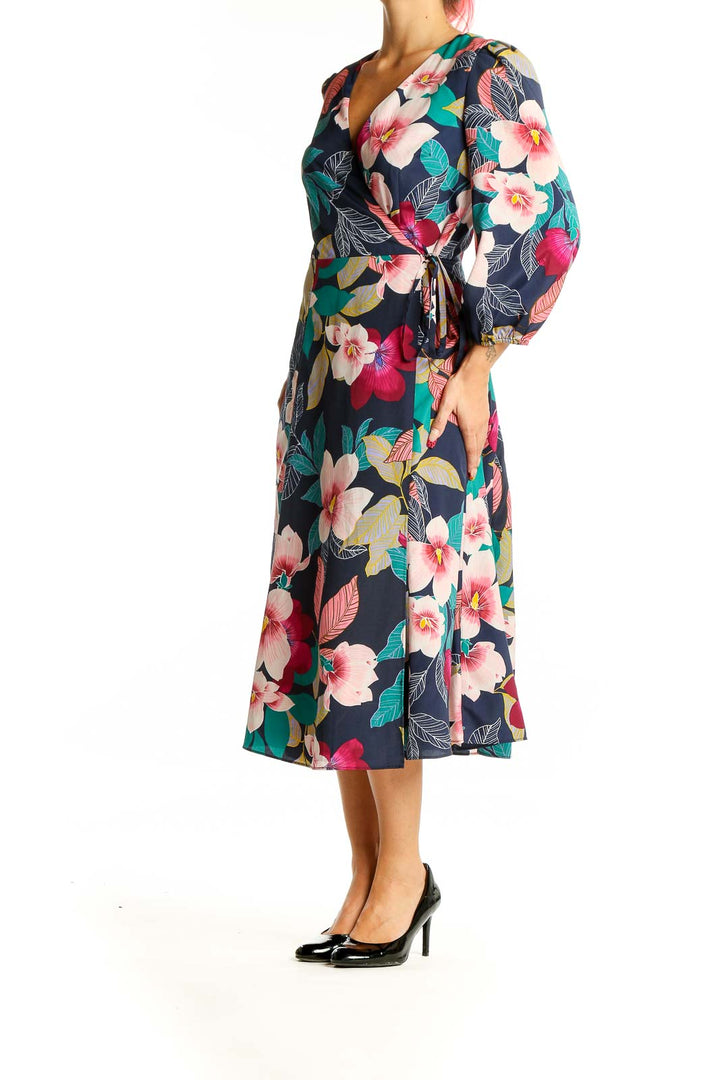 Blue Floral Retro Wrap Dress