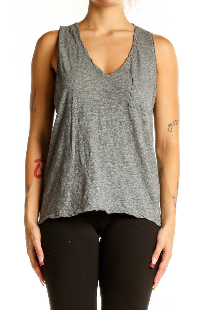 Front view of Madewell gray cotton V-neck tank top with chest pocket