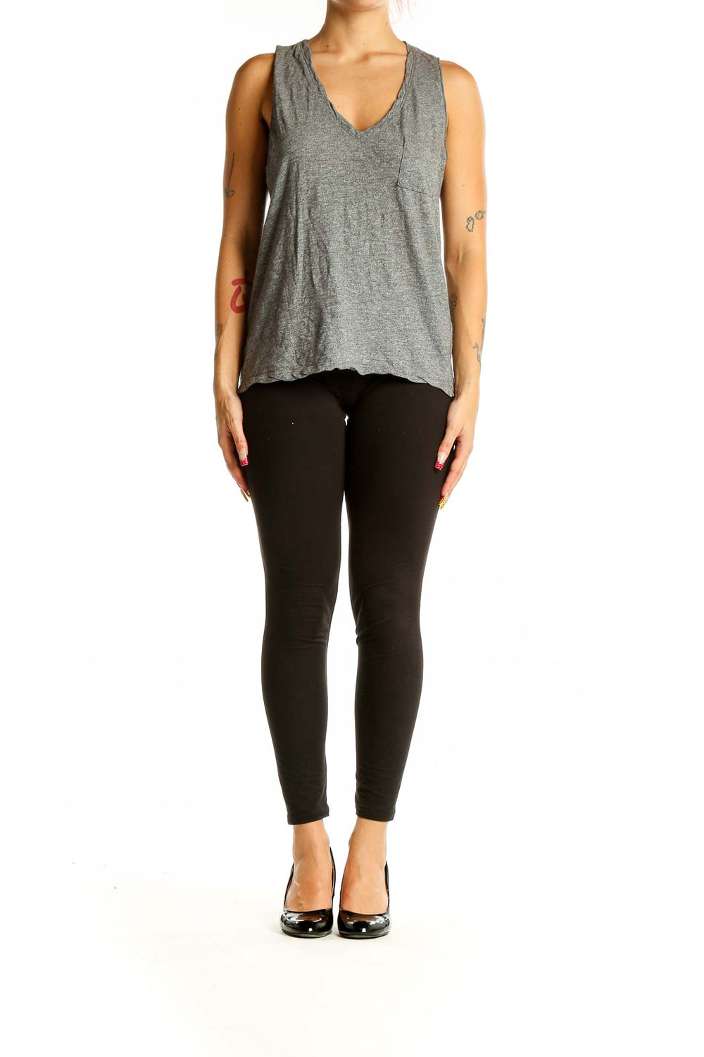 Front view of Madewell gray cotton V-neck tank top with chest pocket