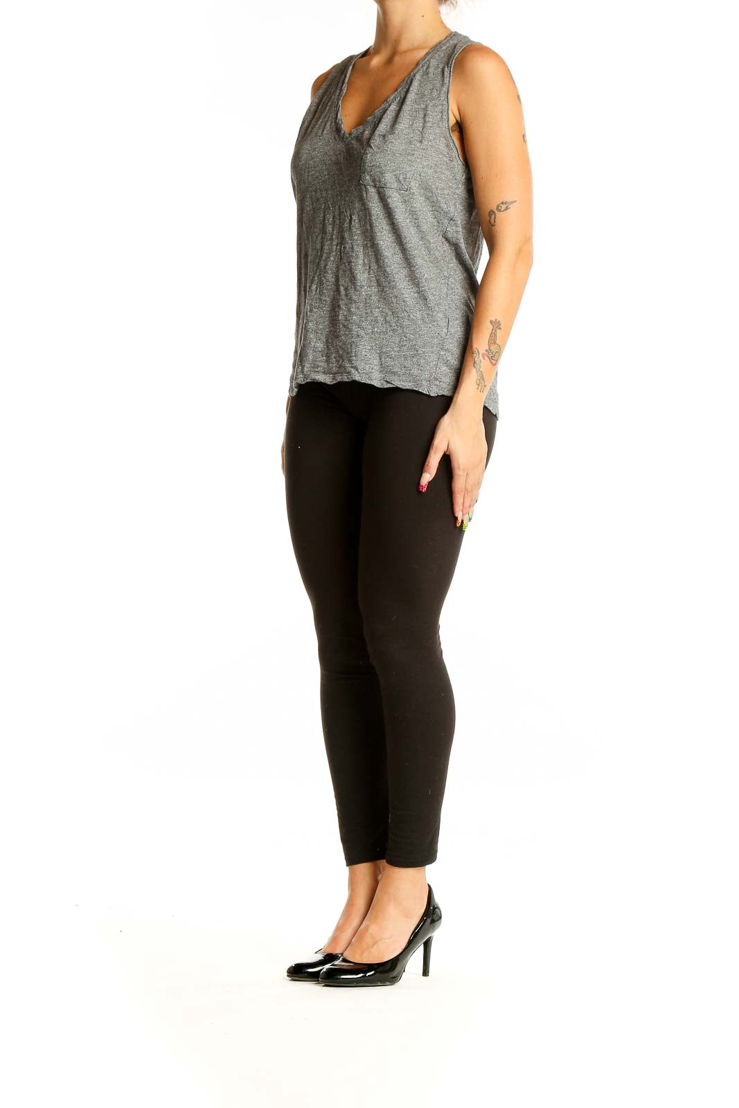 Front view of Madewell gray cotton V-neck tank top with chest pocket