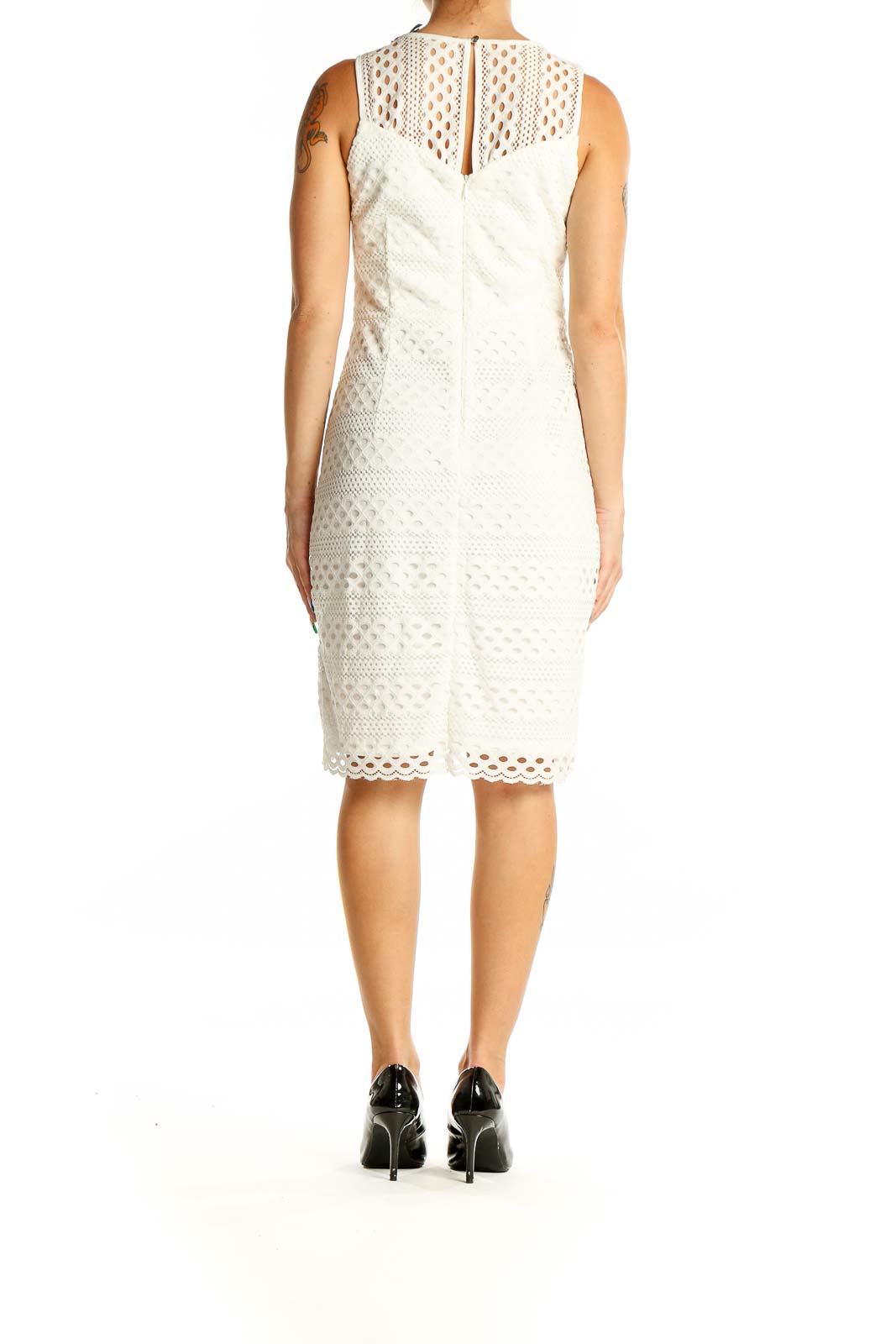 Back view of Guess white lace sleeveless cocktail dress showing hidden zipper