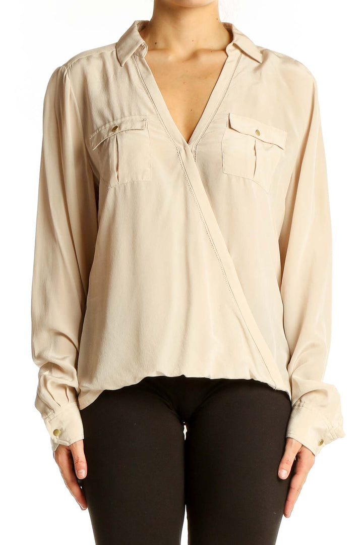 Beige V Neck Long Sleeve Blouse