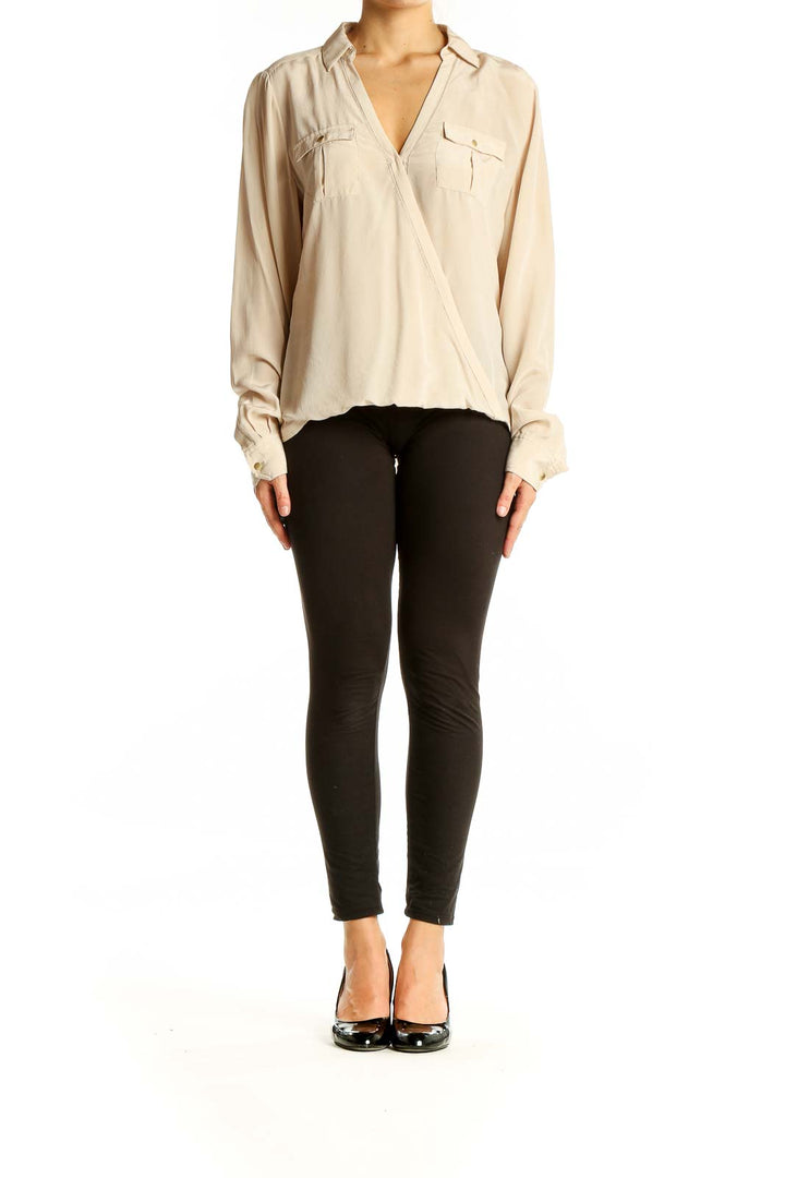 Beige V Neck Long Sleeve Blouse