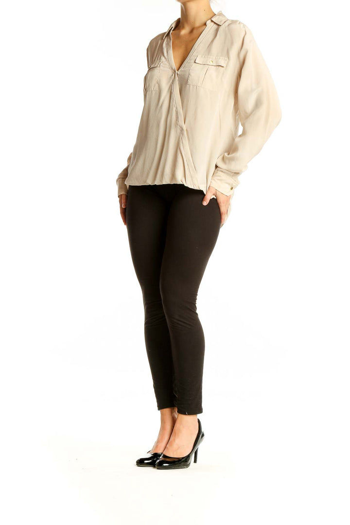 Beige V Neck Long Sleeve Blouse