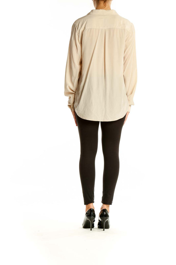 Beige V Neck Long Sleeve Blouse