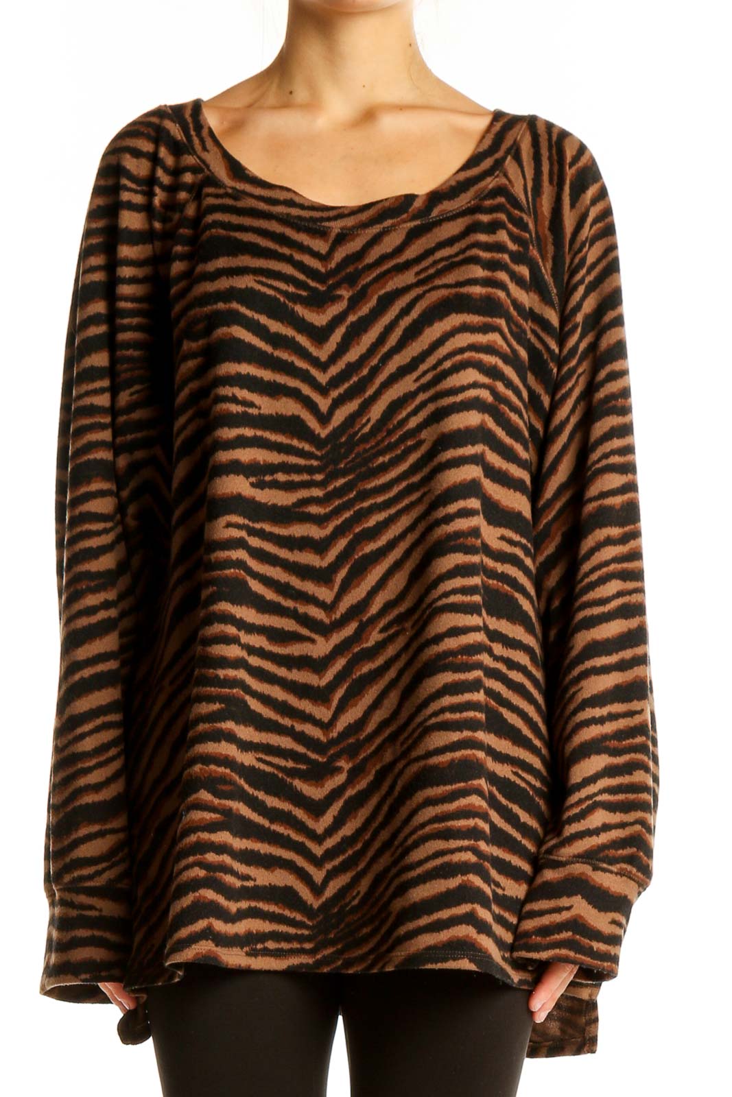 Front view of Sanctuary brown tiger stripe oversized knit sweater