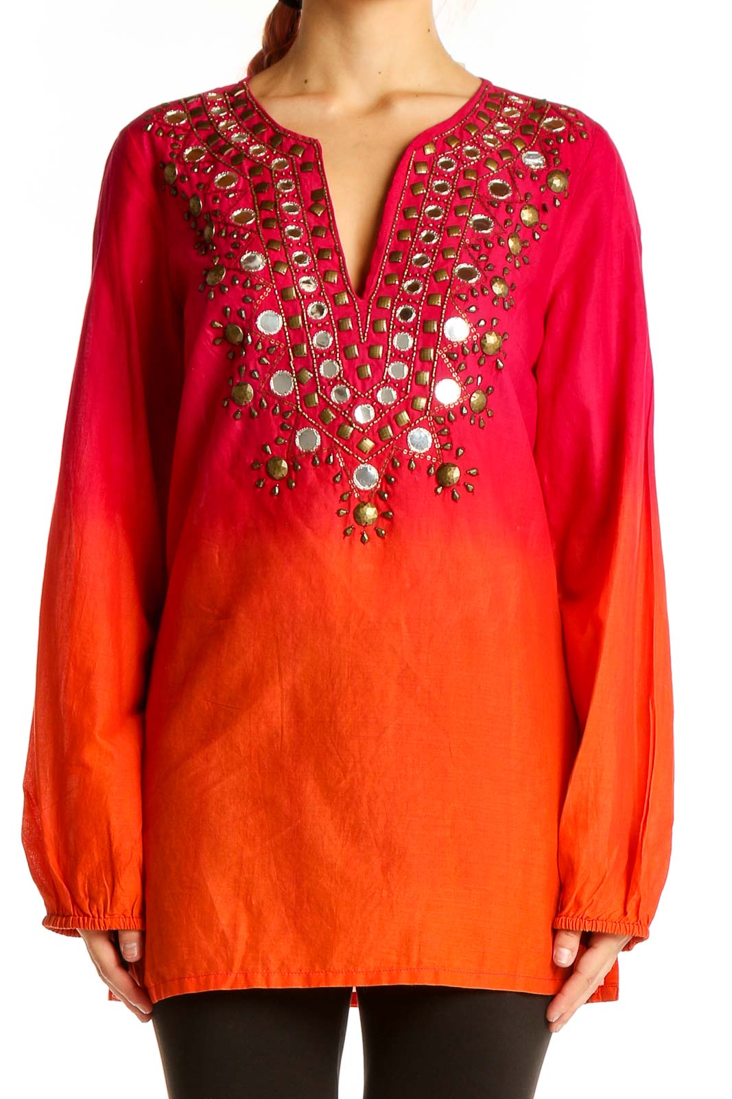 Front view of MICHAEL Michael Kors red-orange ombre tunic with gold embellishments