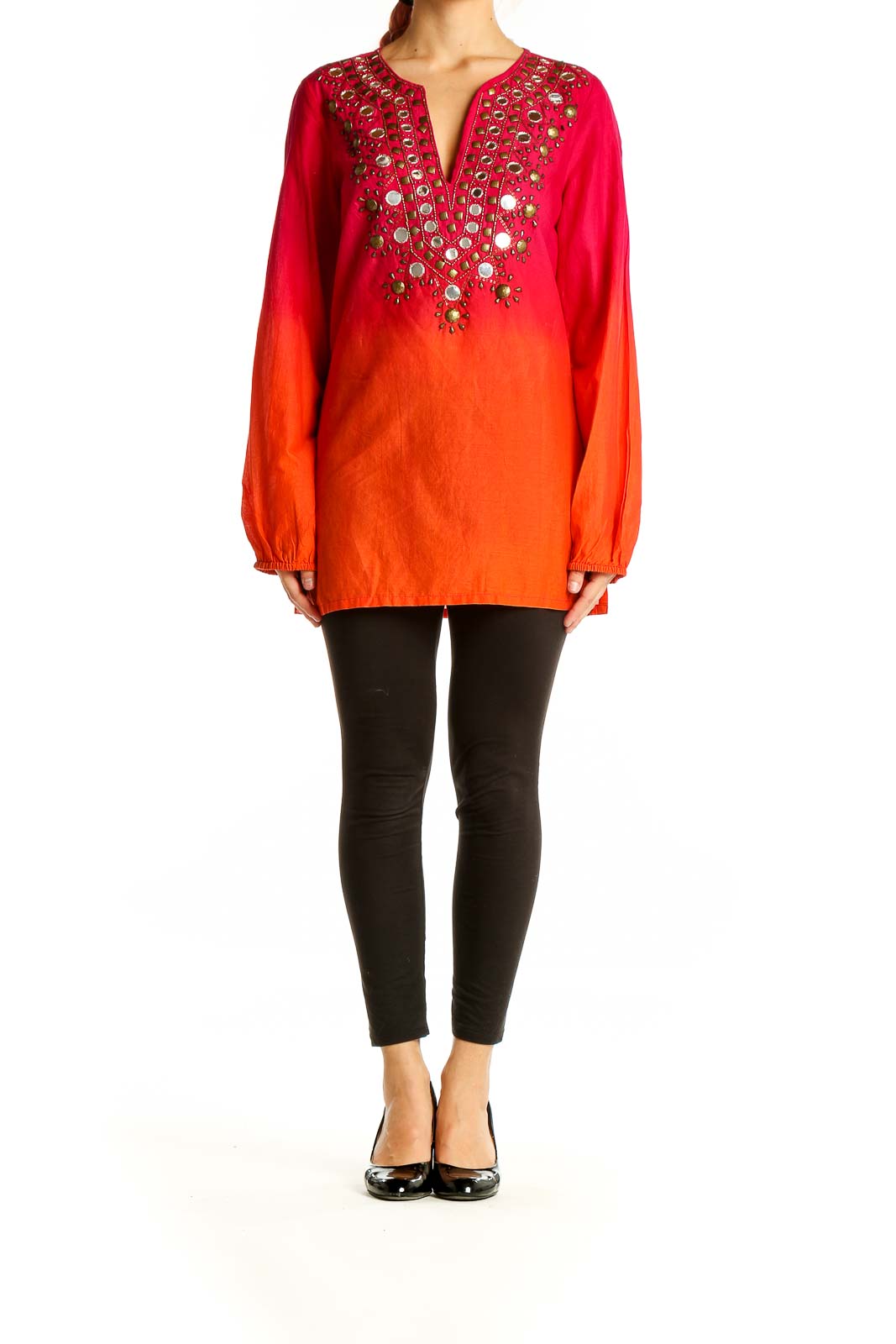 Front view of MICHAEL Michael Kors red-orange ombre tunic with gold embellishments