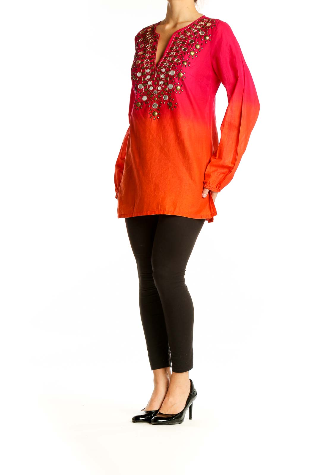 Front view of MICHAEL Michael Kors red-orange ombre tunic with gold embellishments