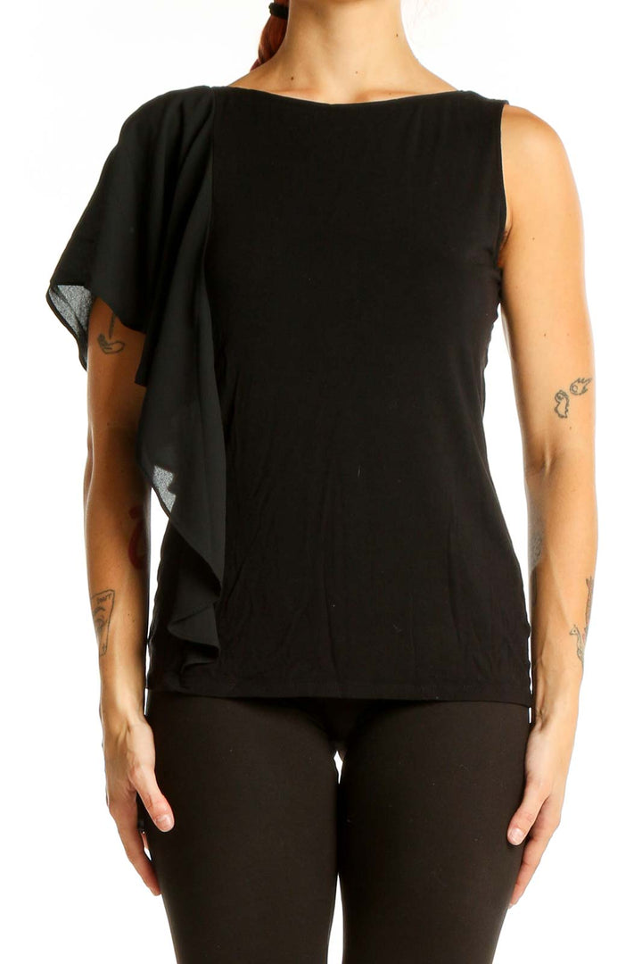 Black Asymmetrical Ruffle Sleeve Blouse