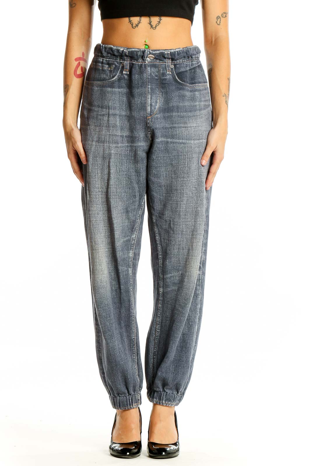 Front view of Rag & Bone blue relaxed fit denim jogger pants