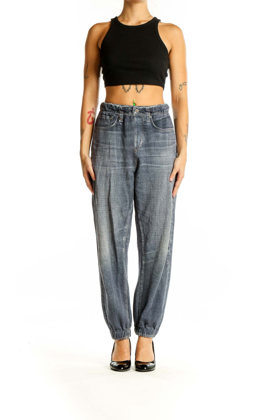 Front view of Rag & Bone blue relaxed fit denim jogger pants