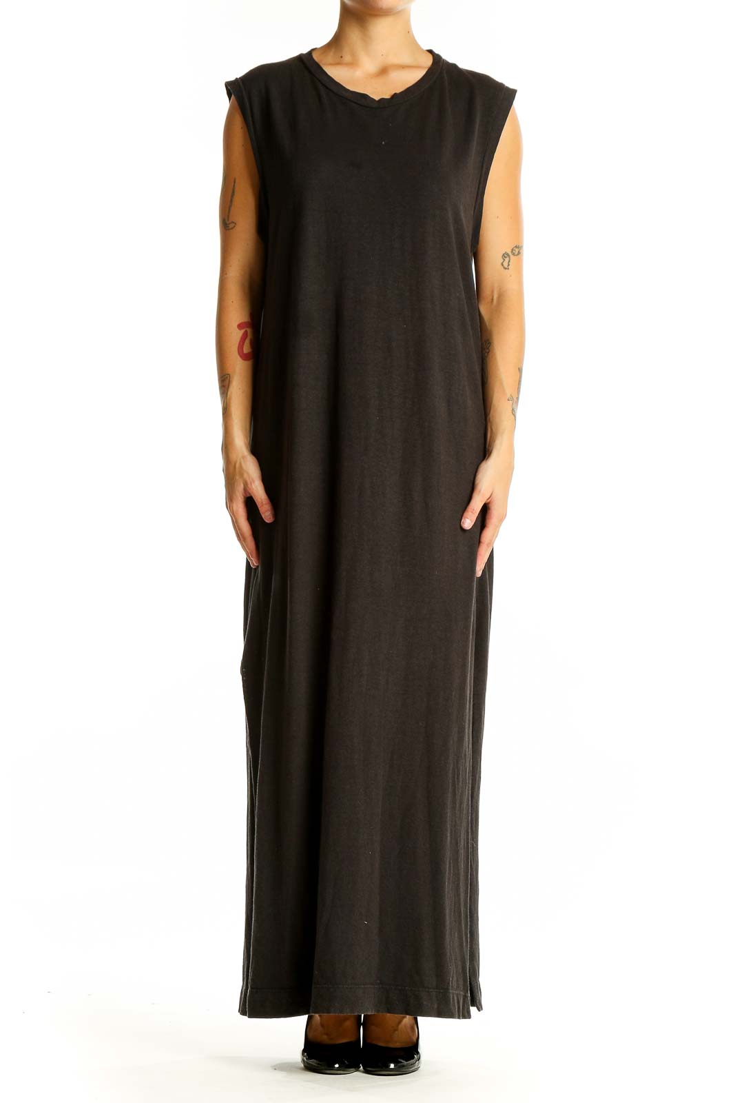 Front view of JungMaven black hemp and organic cotton maxi dress