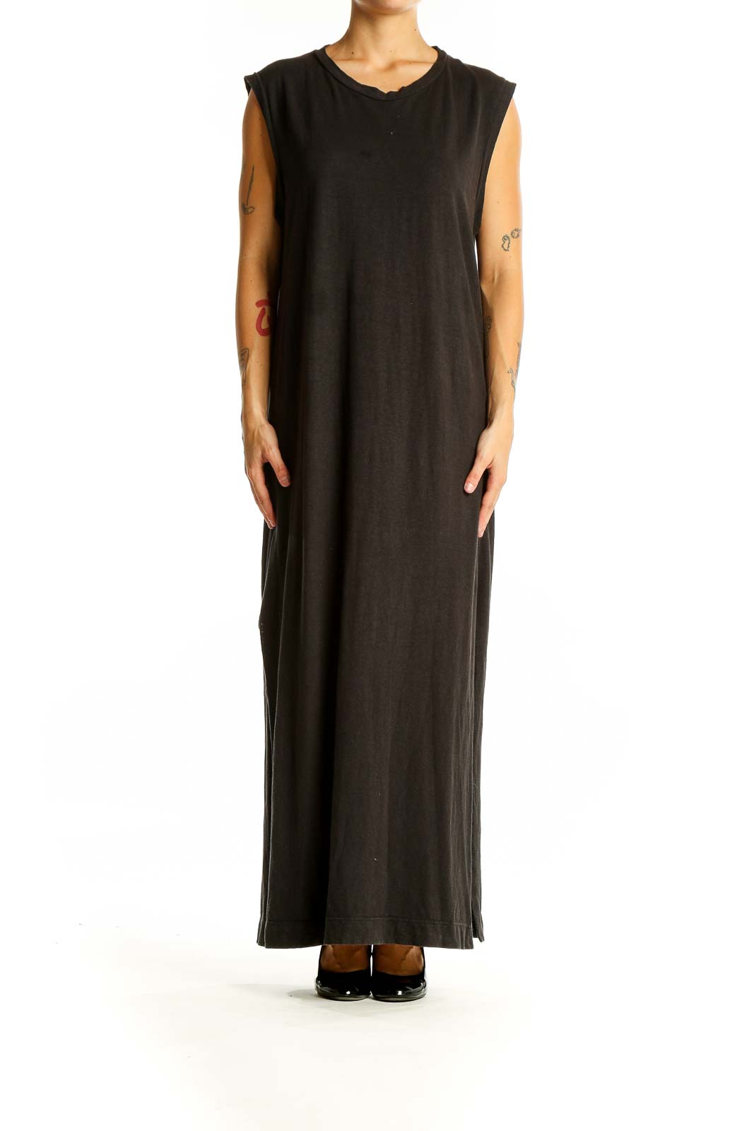 Front view of JungMaven black hemp and organic cotton maxi dress