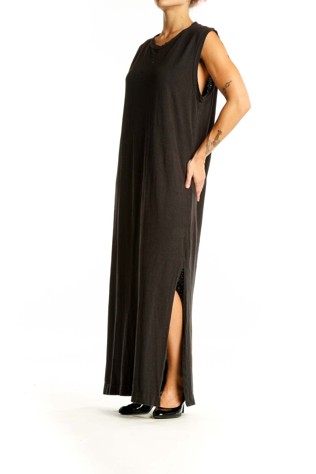 Front view of JungMaven black hemp and organic cotton maxi dress