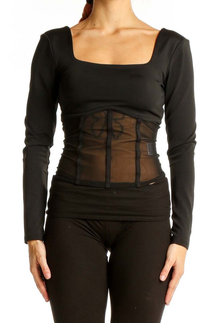 Front view of black Express long sleeve top with sheer mesh panel and square neckline