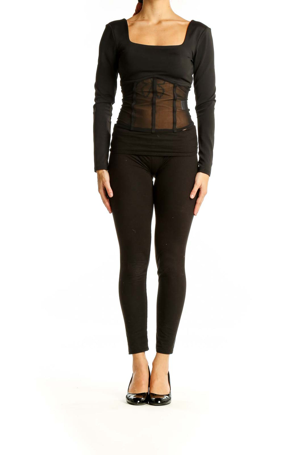 Front view of black Express long sleeve top with sheer mesh panel and square neckline