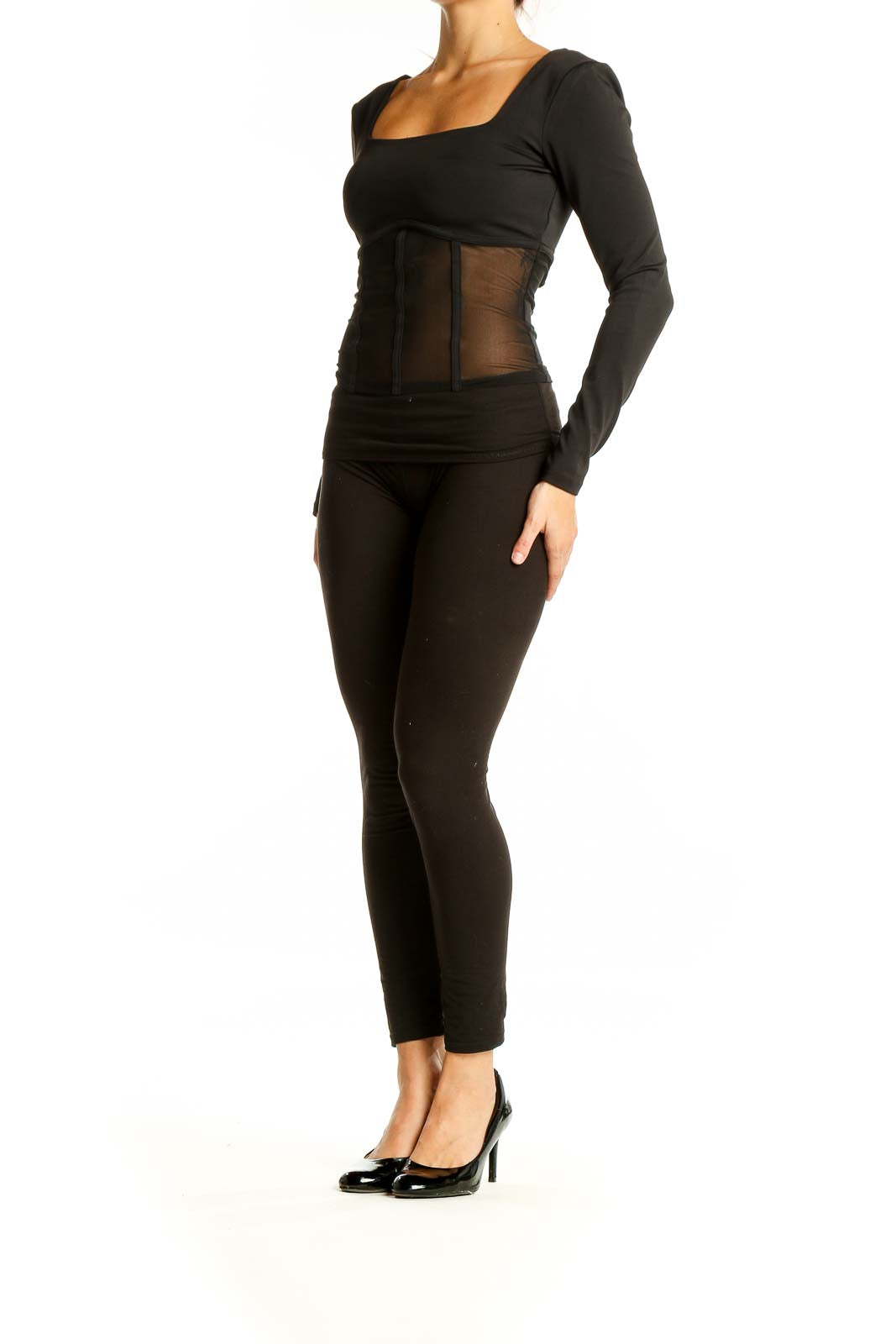 Front view of black Express long sleeve top with sheer mesh panel and square neckline