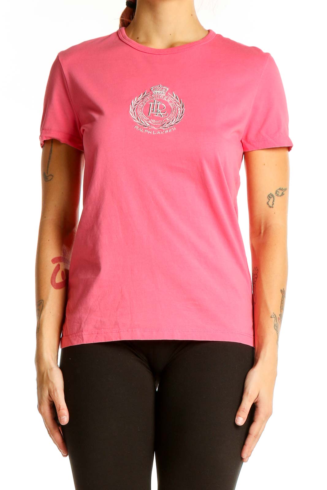 Front view of pink Lauren Ralph Lauren cotton t-shirt with embroidered logo