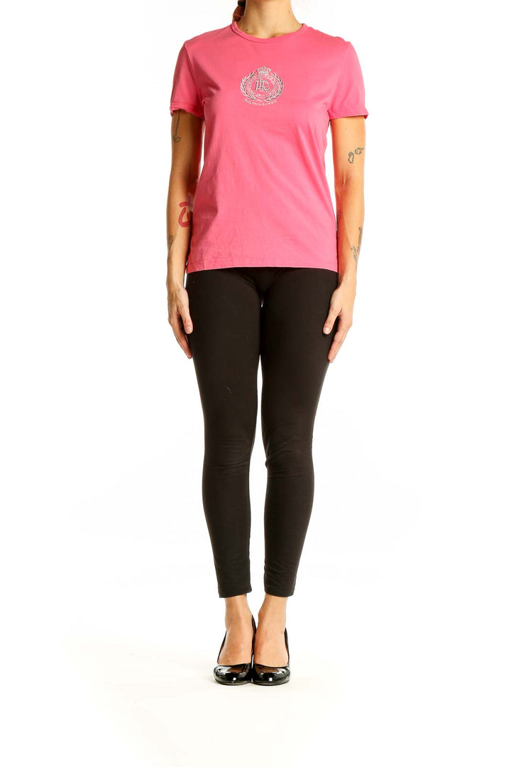 Front view of pink Lauren Ralph Lauren cotton t-shirt with embroidered logo