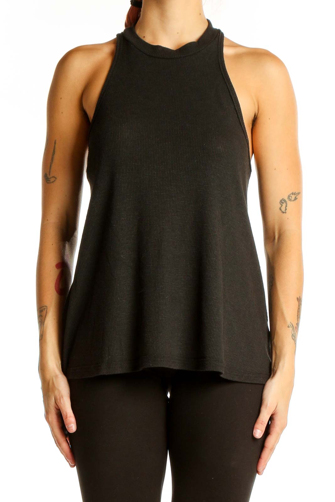 Front view of Free People black ribbed knit sleeveless top with high neck