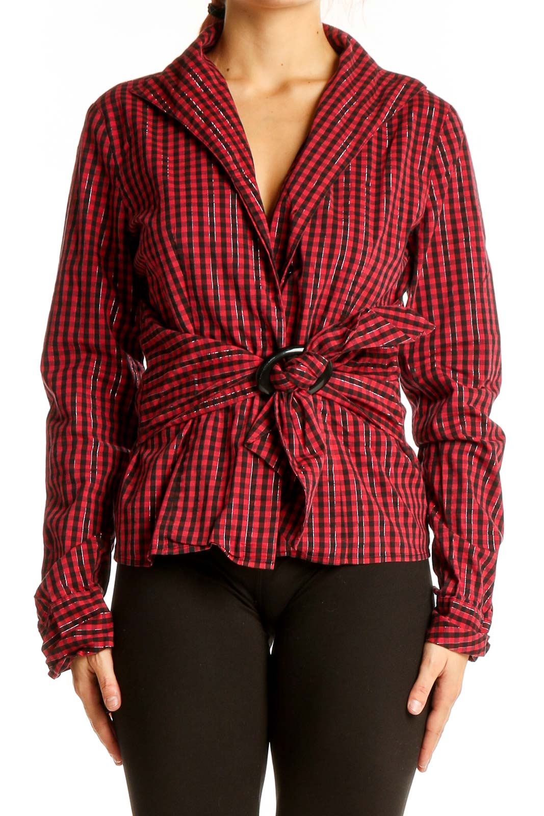 Front view of Kenar red plaid wrap-style blouse