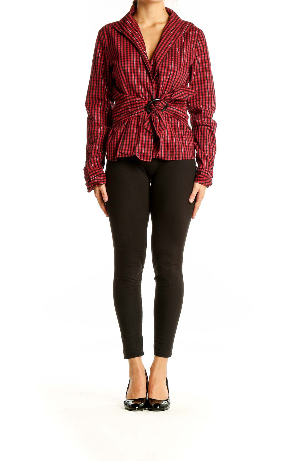 Front view of Kenar red plaid wrap-style blouse