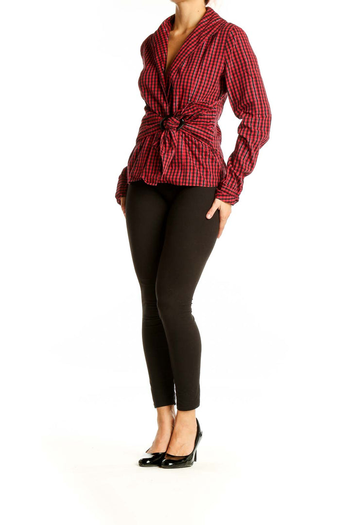 Front view of Kenar red plaid wrap-style blouse