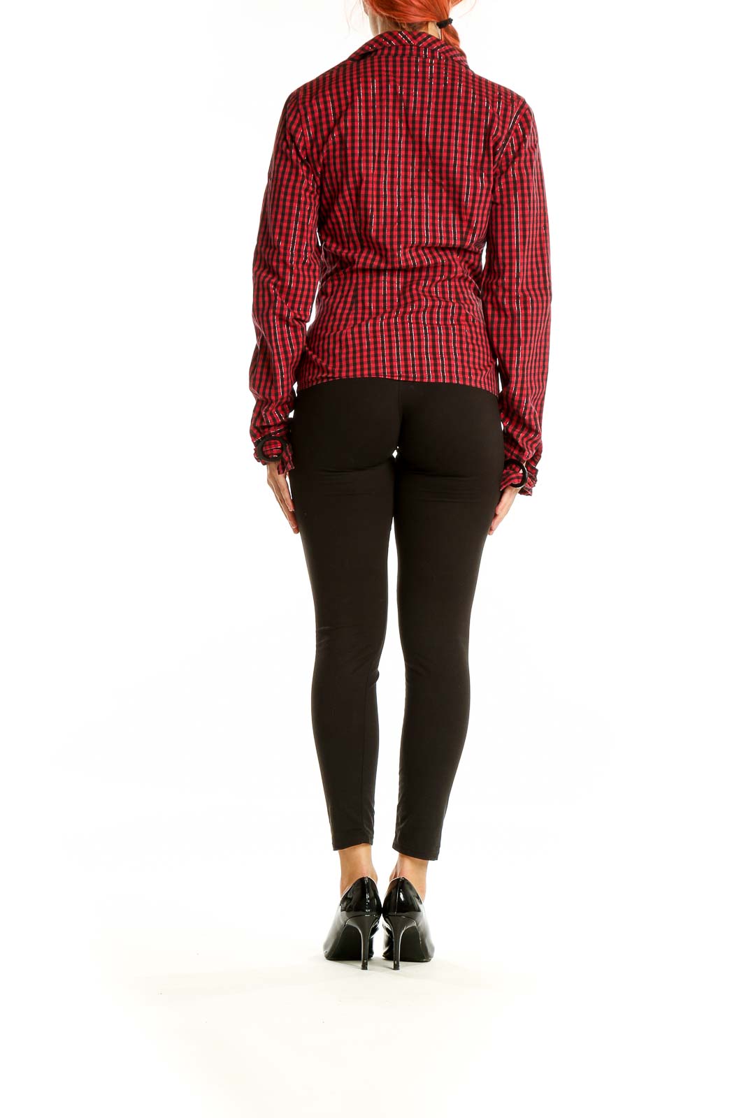 Back view of Kenar red plaid wrap-style blouse