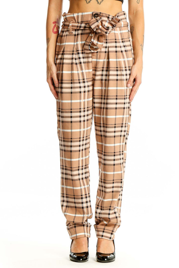 Front view of Like an Angel beige plaid high-waisted belted pants