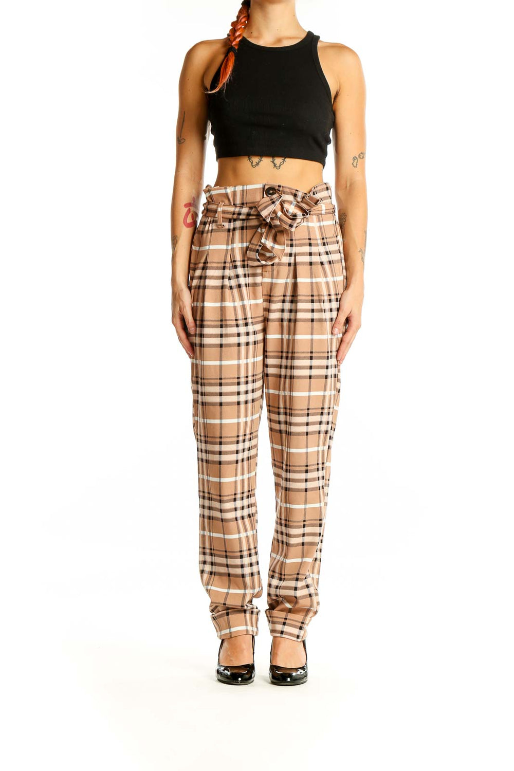 Front view of Like an Angel beige plaid high-waisted belted pants