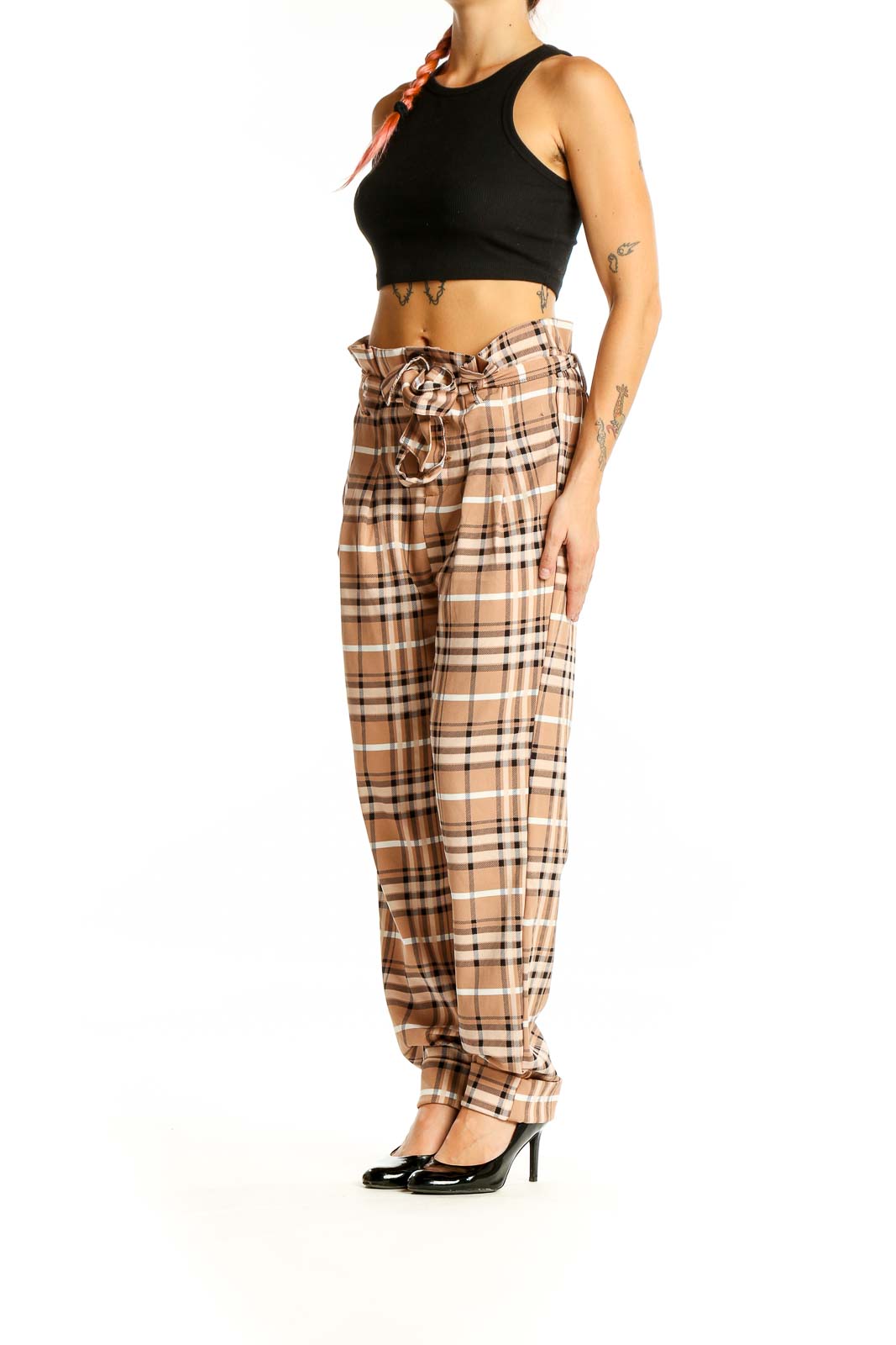 Front view of Like an Angel beige plaid high-waisted belted pants