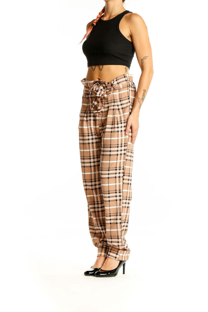 Front view of Like an Angel beige plaid high-waisted belted pants