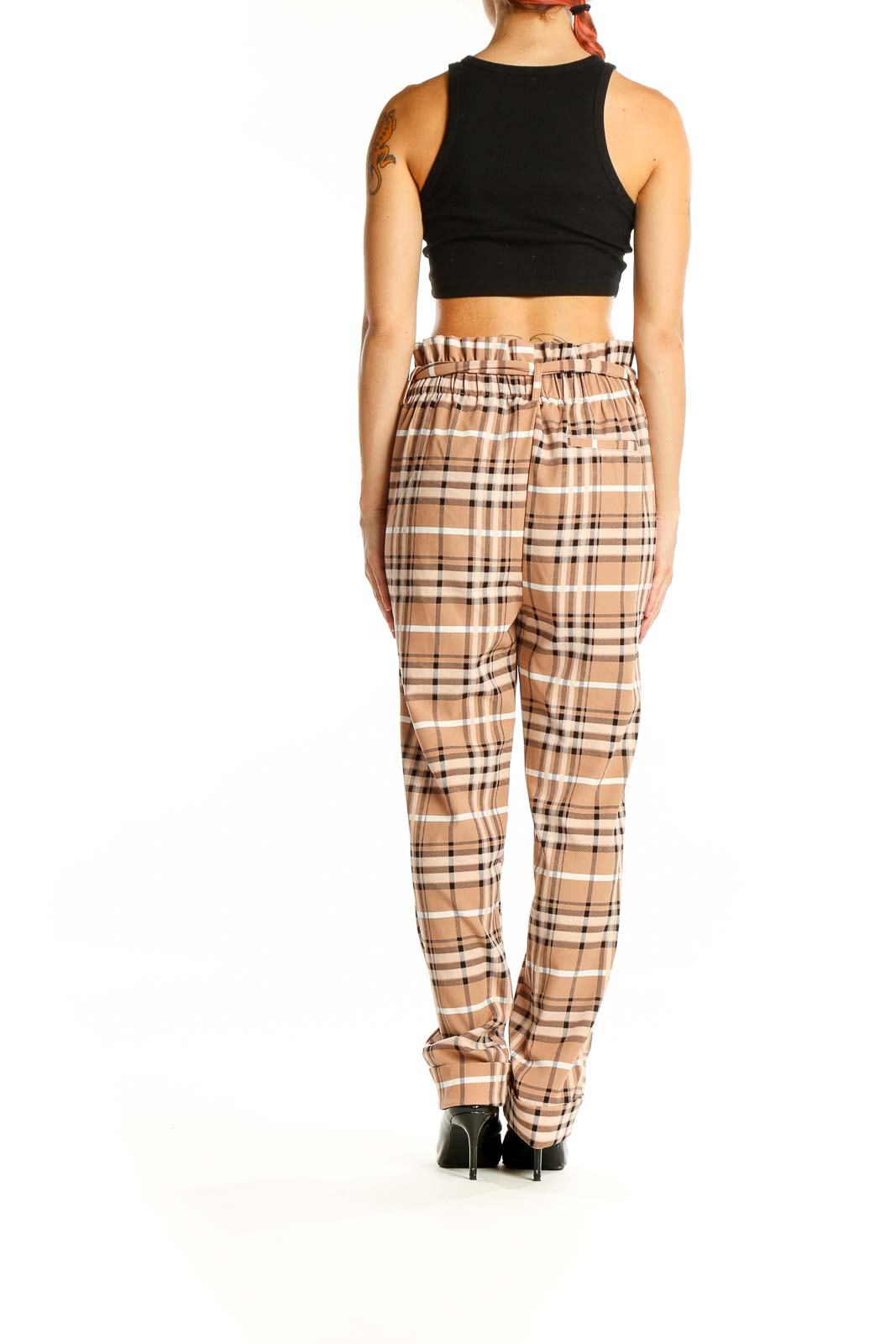 Back view of Like an Angel beige plaid high-waisted belted pants with black crop top