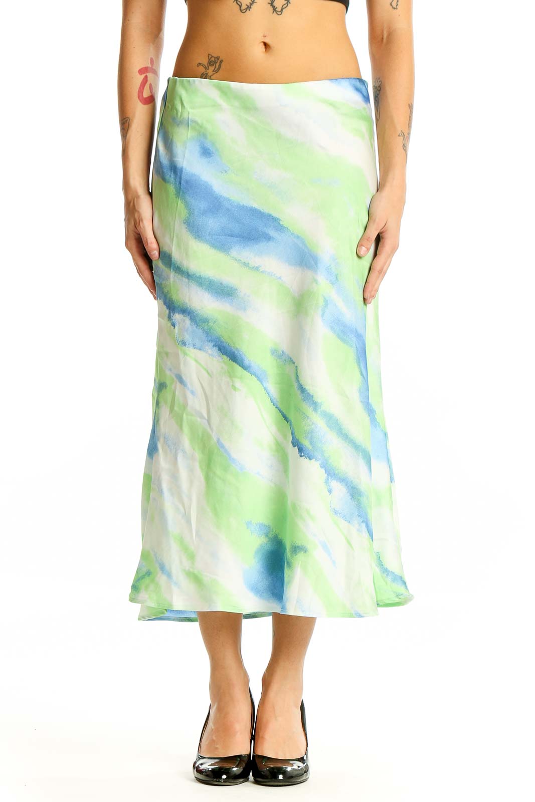 Front view of Essue green and blue watercolor midi skirt