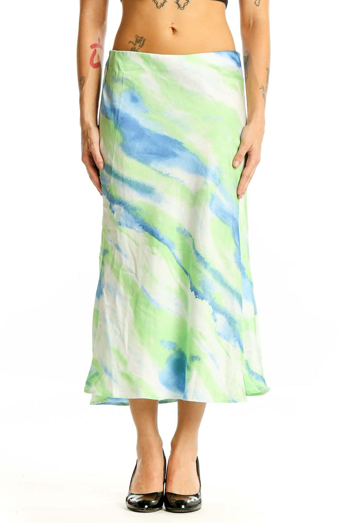 Front view of Essue green and blue watercolor midi skirt