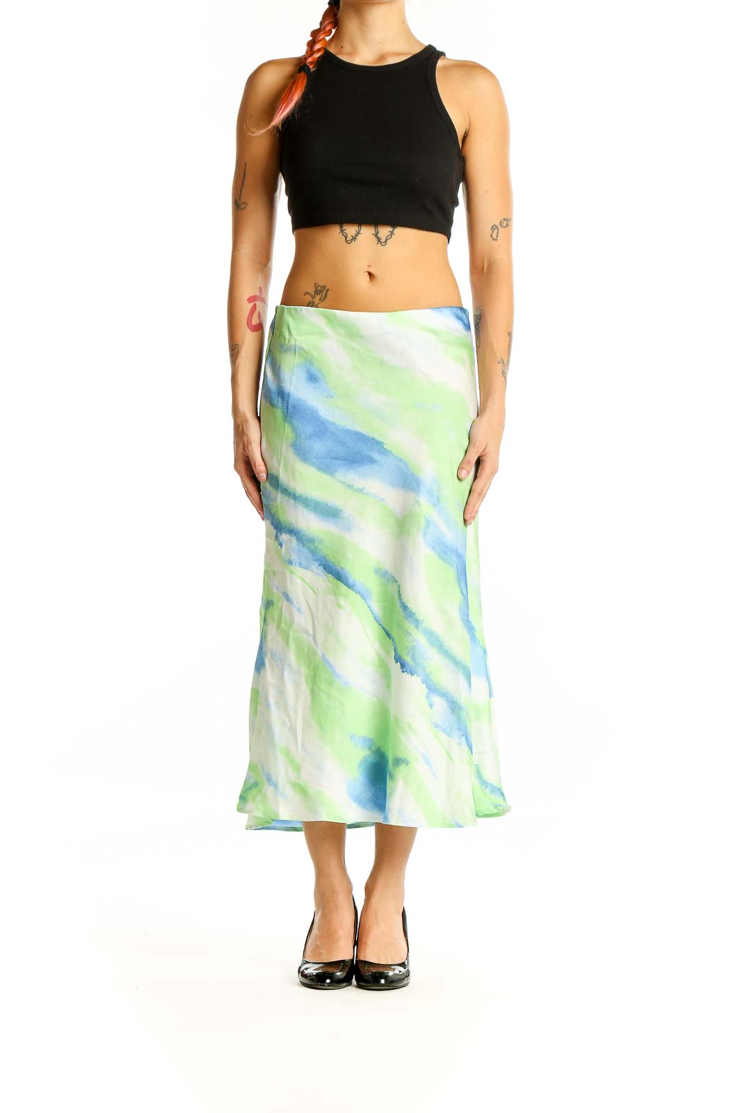 Front view of Essue green and blue watercolor midi skirt