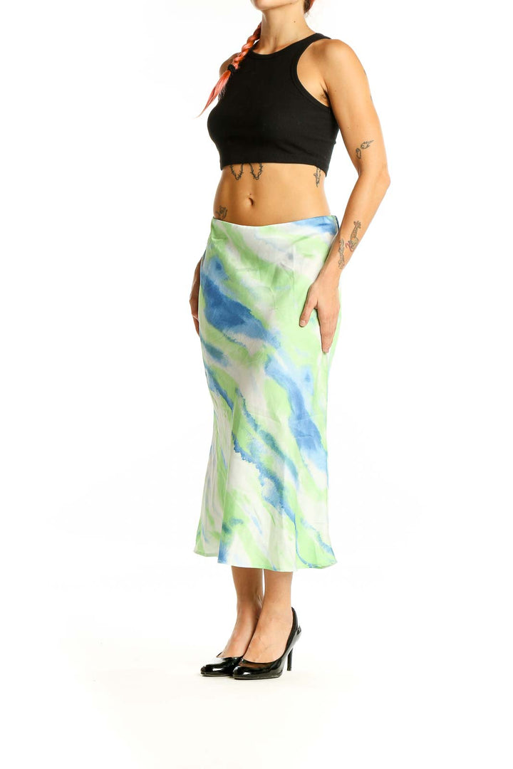 Front view of Essue green and blue watercolor midi skirt