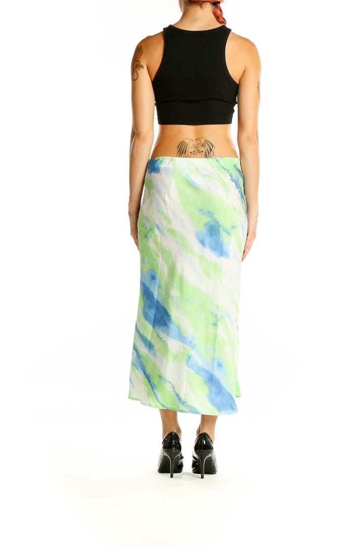 Back view of Essue green and blue watercolor midi skirt