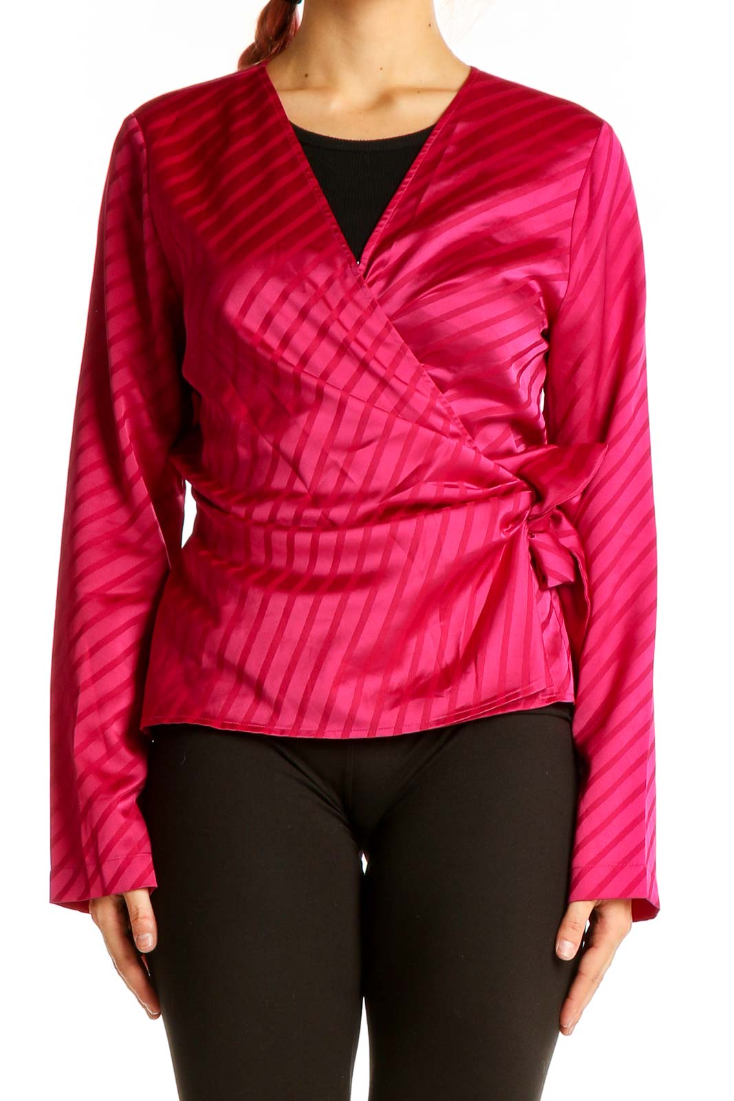 Front view of Nine West hot pink striped wrap blouse