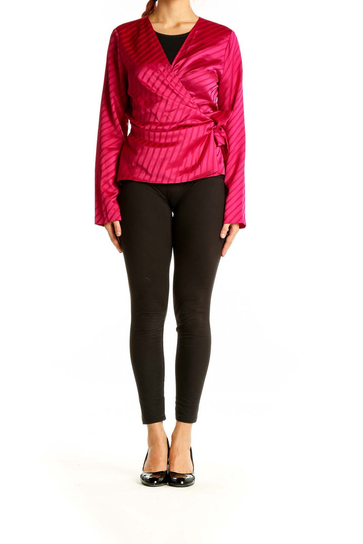 Front view of Nine West hot pink striped wrap blouse