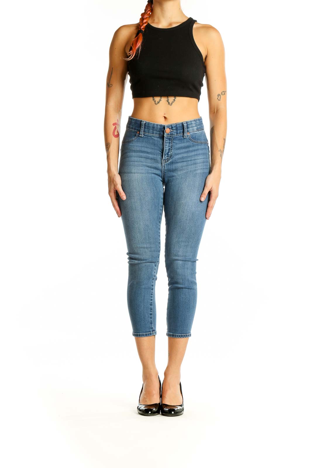 Front view of Juicy Couture blue cropped skinny jeans on model