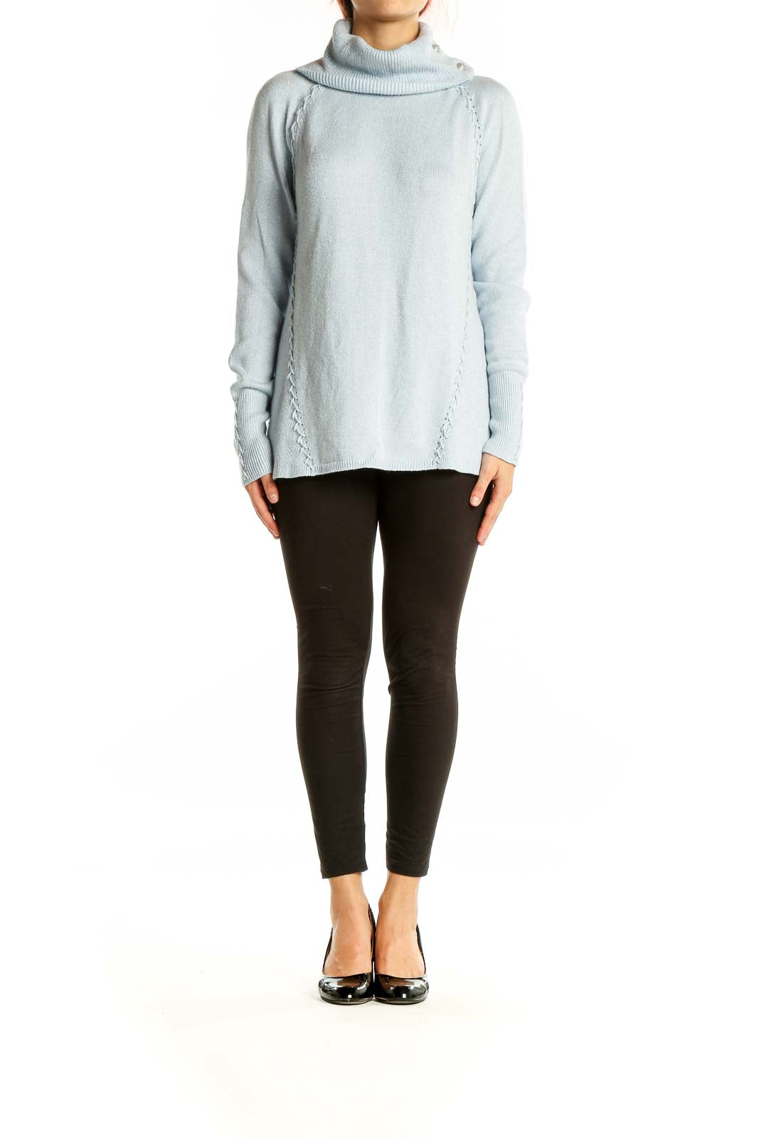 Front view of light blue turtleneck sweater with braided side details