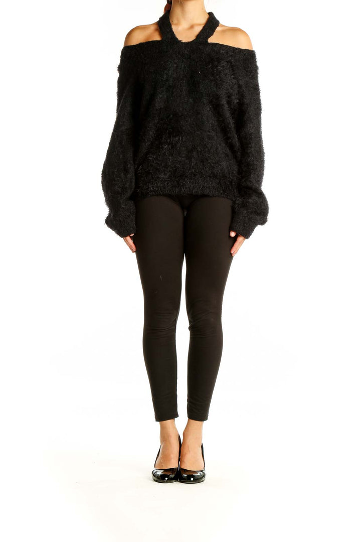 Front view of black fuzzy cold-shoulder halter sweater from Express