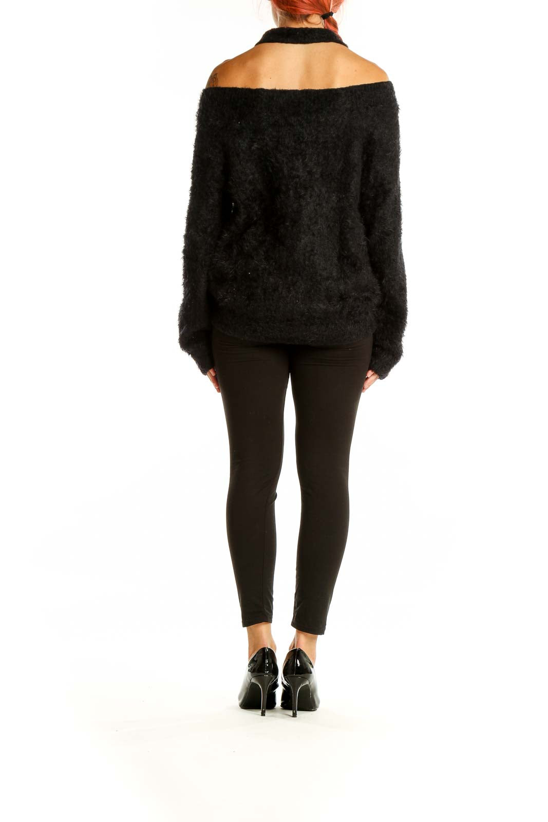 Back view of black fuzzy cold-shoulder halter sweater from Express