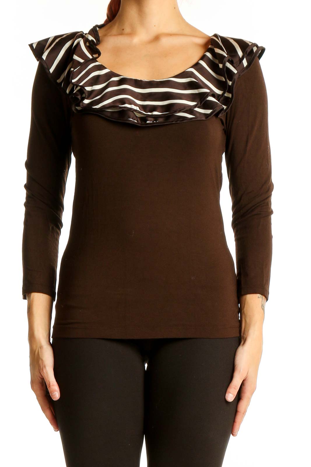 Front view of Lauren Ralph Lauren Brown Striped Ruffle Neck Top with scoop neckline