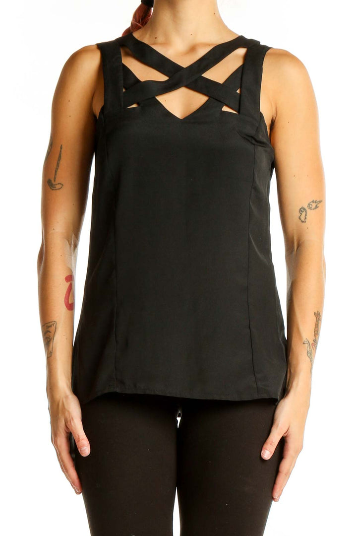 Front view of black sleeveless top with strappy neckline design