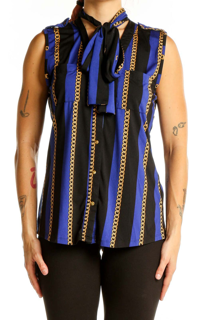 Front view of BCBG MaxAzria blue and black striped sleeveless blouse with gold chain pattern