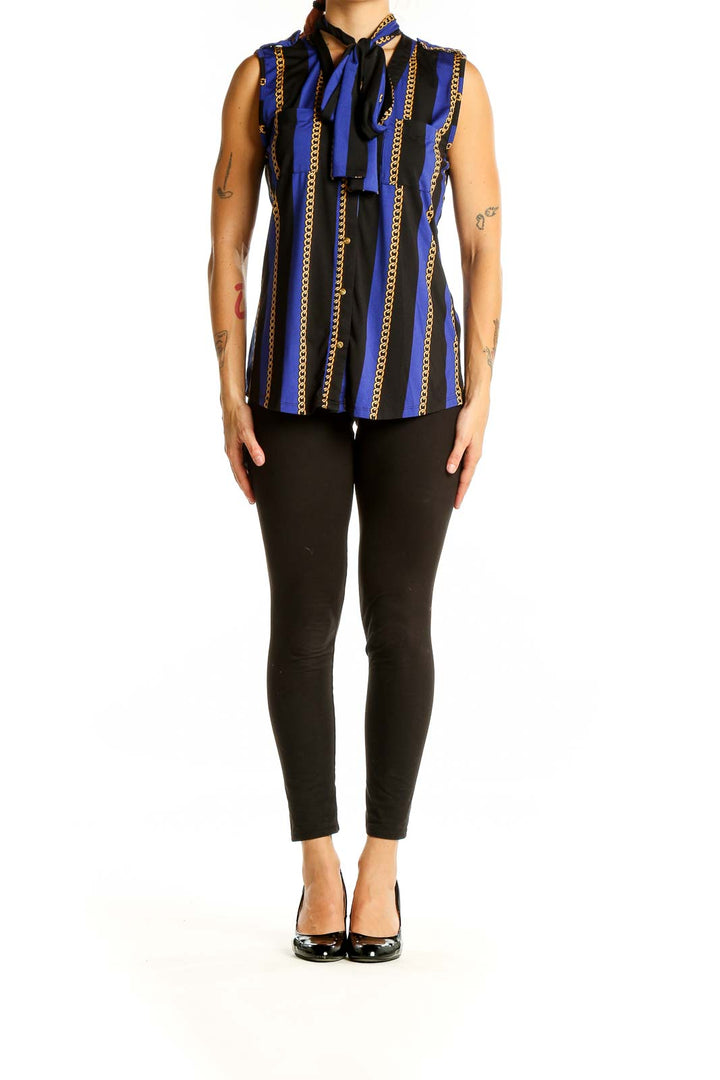 Front view of BCBG MaxAzria blue and black striped sleeveless blouse with gold chain pattern